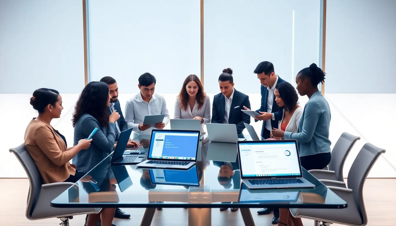 diverse team collaborating in a modern office with technology.